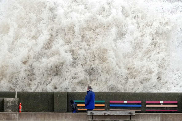 Waves crash into a sea wall in Liverpool, England, on February 17. A rare red alert has been issued as the UK braces for storm Eunice. (Photo / Getty Images)
