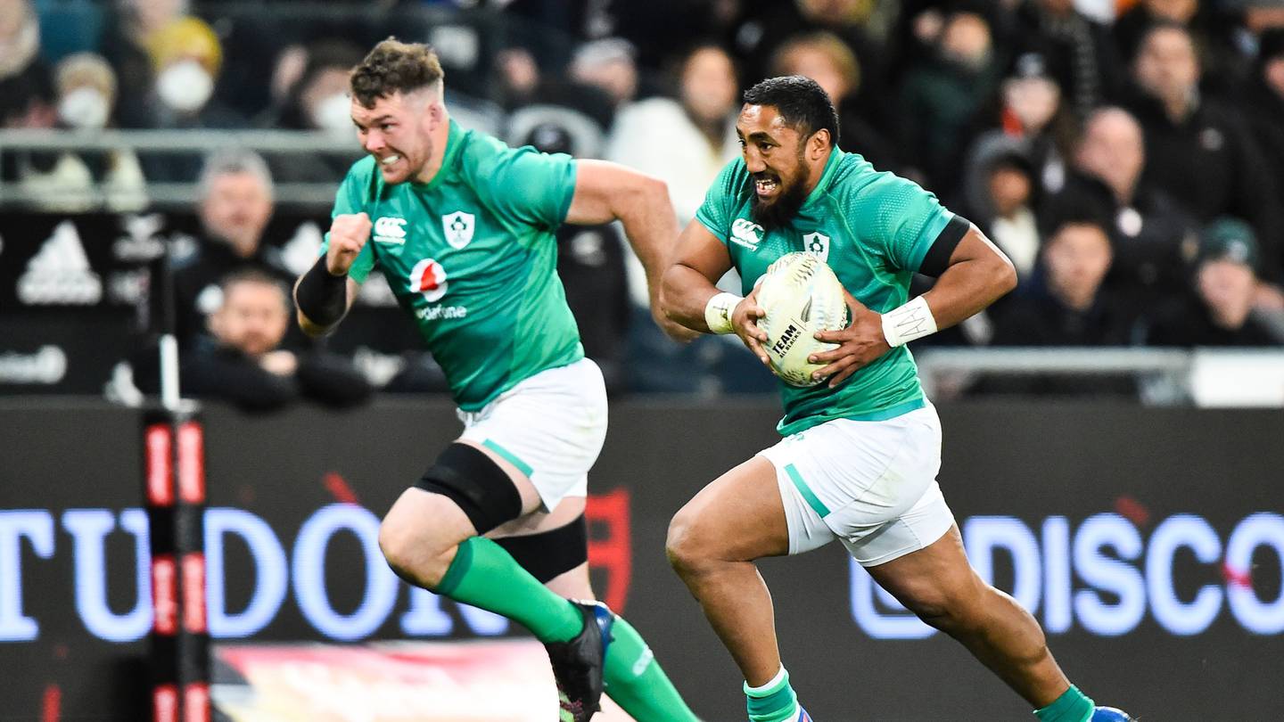 Bundee Aki (right) starts in an otherwise unchanged Ireland side. Photo / Photosport