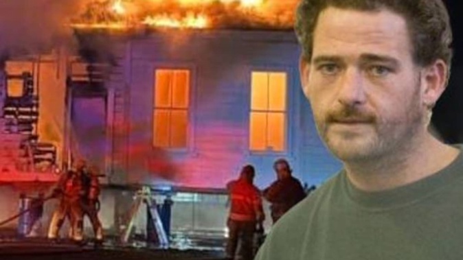 Huntly's historic railway station building was torched on May 31, 2023. Inset: Daniel Vale pictured during a court appearance in 2009. Photos / Waikato District Council and NZPA