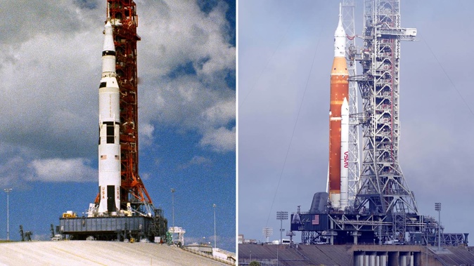 Saturn V rocket with Apollo 12's spacecraft aboard in 1969, and, right, NASA's new moon rocket for the Artemis program with the Orion spacecraft on top. Photo / AP