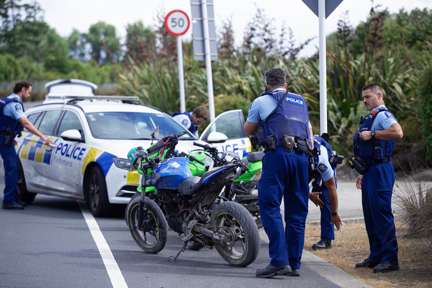 Police confiscated dirt bikes following several arrests of a group of off-trail motorcycle riders who were apprehended on Puketutu Island in Mangere. Photo / Hayden Woodward