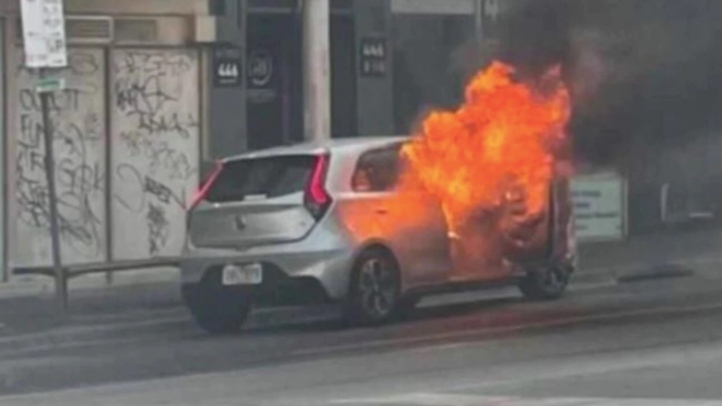 The man set himself and his car alight on Church St over Victoria's vaccine mandates. (Photo / Herald Sun)