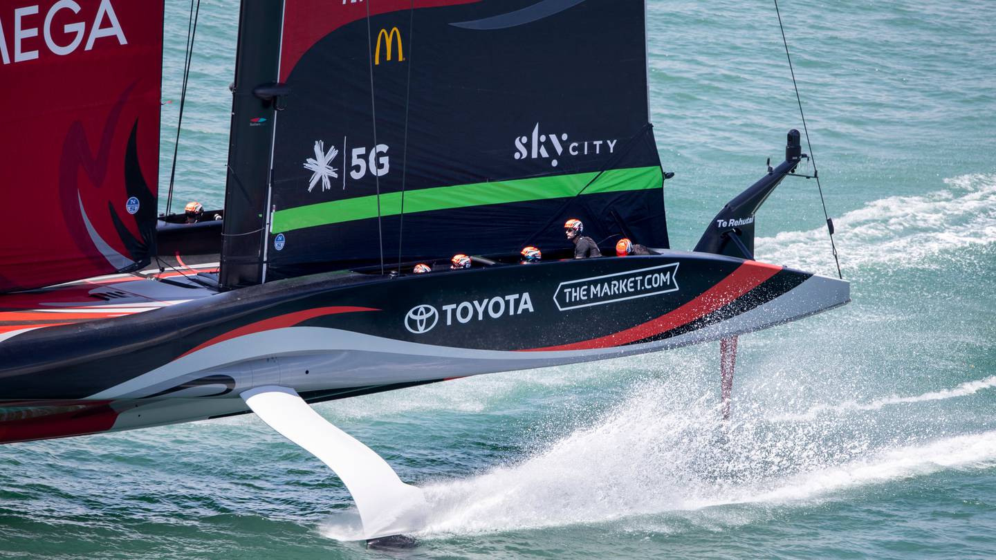 Emirates Team New Zealand practice ahead of last year's America's Cup event in Auckland. Photo / Michael Craig