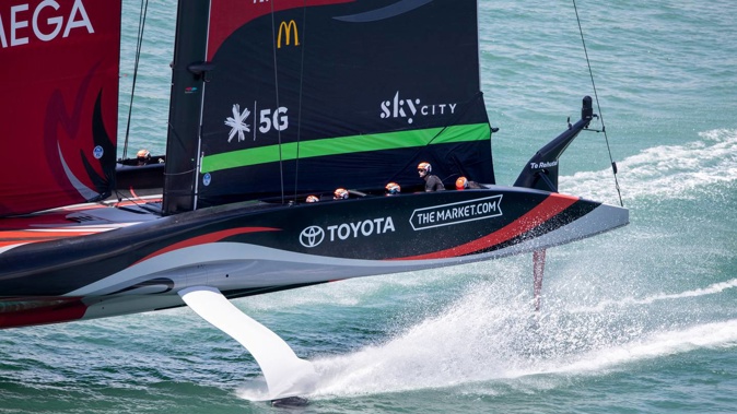 Emirates Team New Zealand practice ahead of last year's America's Cup event in Auckland. Photo / Michael Craig