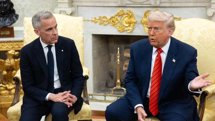 US President Donald Trump, right, and Mark Carney, Canada's prime minister, during a meeting in the Oval Office of the White House in Washington, DC, US, on Tuesday, May 6, 2025. Photographer: Francis Chung/Politico/Bloomberg via Getty Images