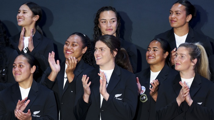 Players look on during a Black Ferns Rugby World Cup 2025 Squad Announcement at Maidstone Sports Hub on July 25, 2025 in Upper Hutt, New Zealand. (Photo by Hagen Hopkins/Getty Images)