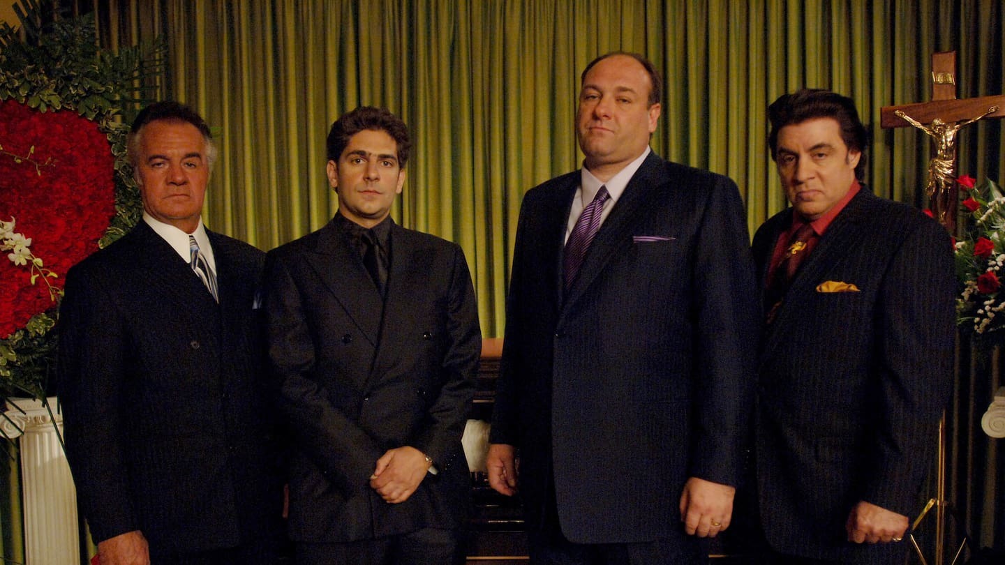 In The Sopranos' second season, Michael Imperioli's character Christopher Moltisanti (second from left) oversees a pump-and-dump scam, using the ill-fated Matthew Bevilaqua and Sean Gismonte as henchmen. Also pictured are James Gandolfini (third from left), Tony Sirico (left) and Steven Van Zandt (far right). Photo / HBO