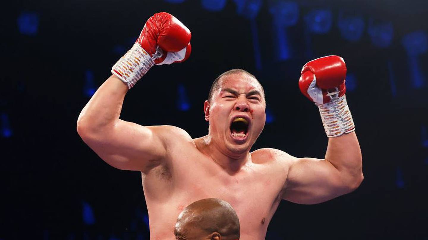 Zhilei Zhang celebrates victory following the WBO Interim World Heavyweight Title fight against Joe Joyce. Photo / Getty Images