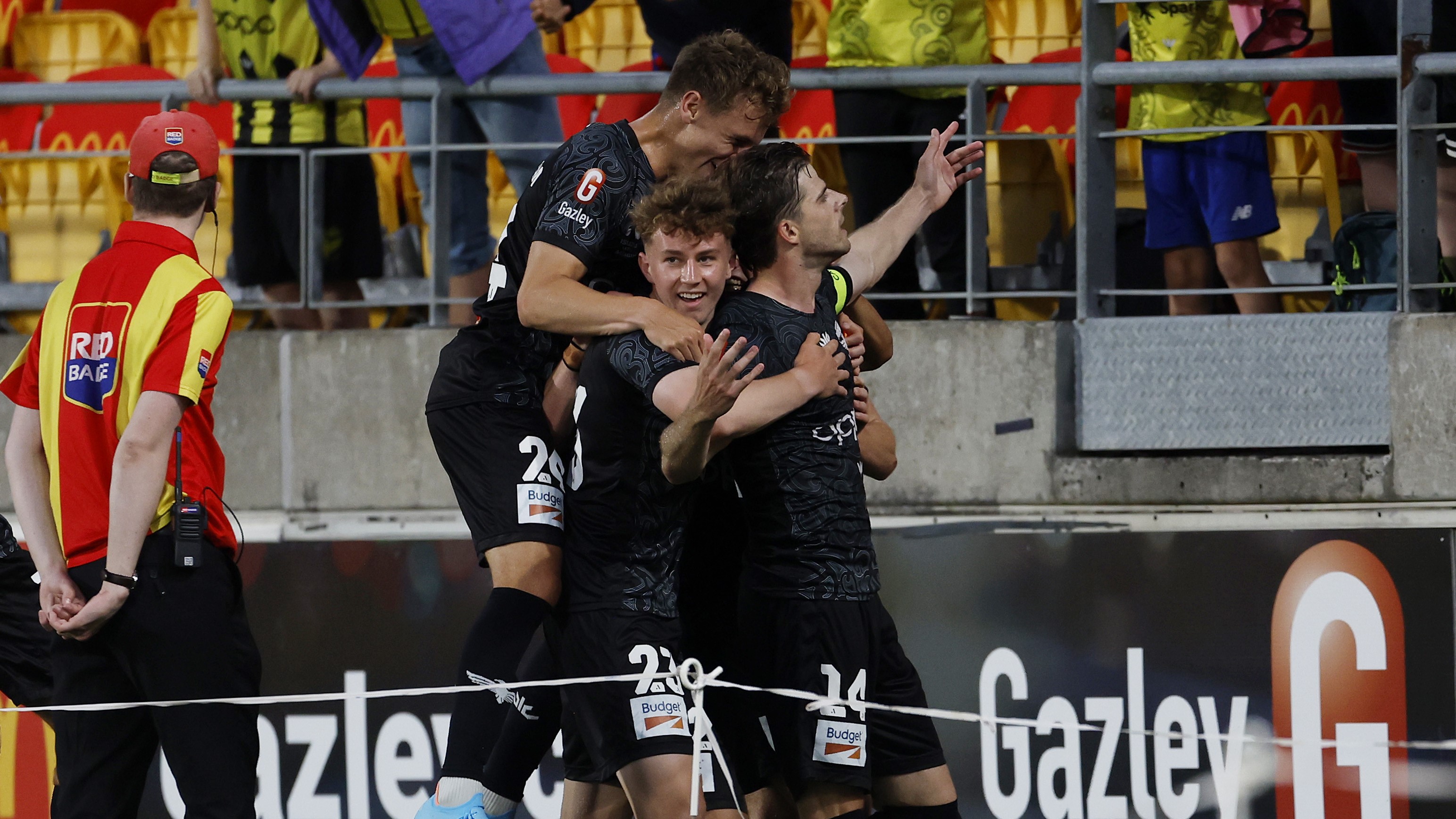 Phoenix players celebrate a goal by Alex Rufer of the Phoenix during the A-League Men round 13 match between Wellington Phoenix and Melbourne Victory at Sky Stadium, on January 19, 2024, in Wellington, New Zealand. Photo / Getty