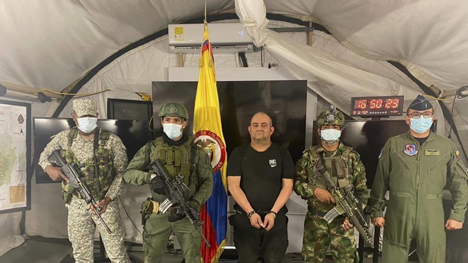 Captured drug lord Dairo Antonio Usuga at a military base in Necocli, Colombia. (Photo / AP)