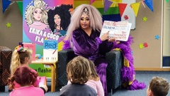 Sunita Torrance as Coco reading to children during the Rainbow Storytime NZ event at a library in Hastings. Photo / Wendy Schollum
