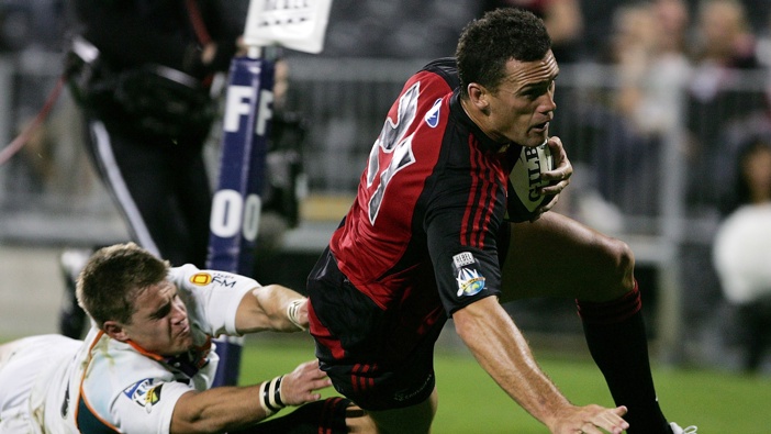 Caleb Ralph of the Crusaders dives over to score a try during the round five Super 14 match between the Crusaders and the Cheetahs at AMI Stadium on March 15, 2008 in Christchurch, New Zealand. (Photo by Hannah Peters/Getty Images)