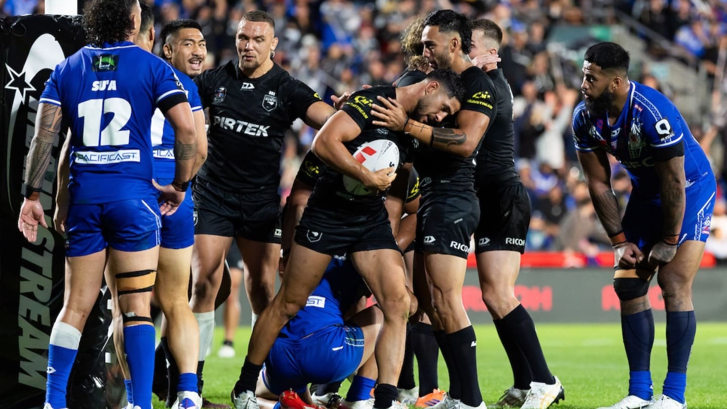 The Kiwis celebrate Dylan Brown's try during the Paciﬁc Championships test against Toa Samoa at Go Media Stadium. Photo / Photosport