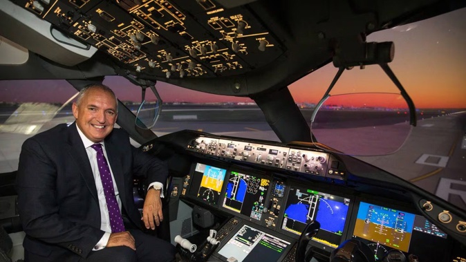 Air NZ's captain David Morgan, chief flight operations and safety officer, sits in the airline's 787 Dreamliner flight simulator in Auckland. Photo / Greg Bowker