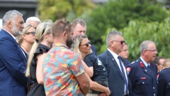 Ceremony to remember the Muriwai Volunteer Fire Brigade firefighters Craig Stevens and Dave van Zwanenberg killed in Cyclone Gabrielle. Photo / Michael Craig