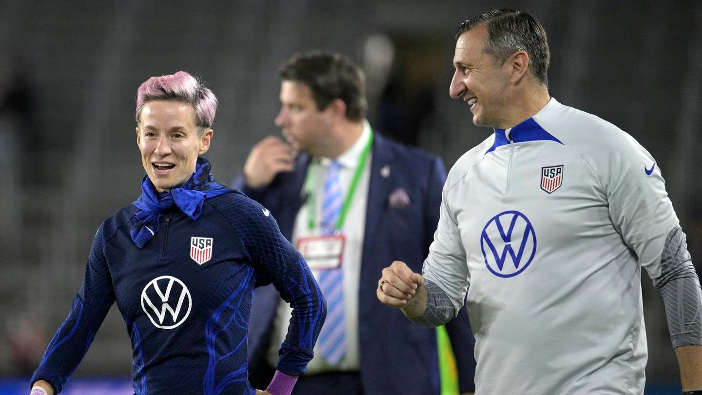 US coach Vlatko Andonovski, right, with star player Megan Rapinoe. Photo / AP