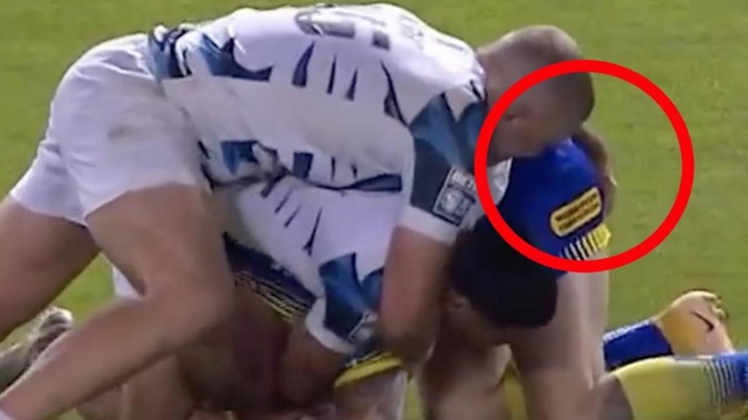 The moment Corey Norman's tackle went a touch too far. Photo / Sky Sports UK