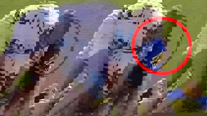 The moment Corey Norman's tackle went a touch too far. Photo / Sky Sports UK