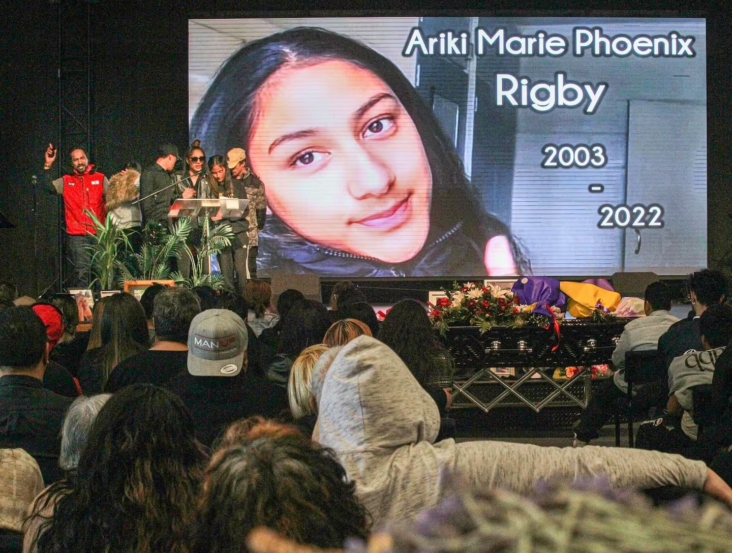 Anaherā Rigby speaks during her younger sister's funeral which was attended by about 700 people. Photo / Warren Buckland