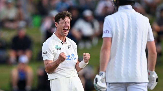 New Zealand's Matt Henry celebrates the wicket of England's Zak Crawley on day three. Photo / Photosport