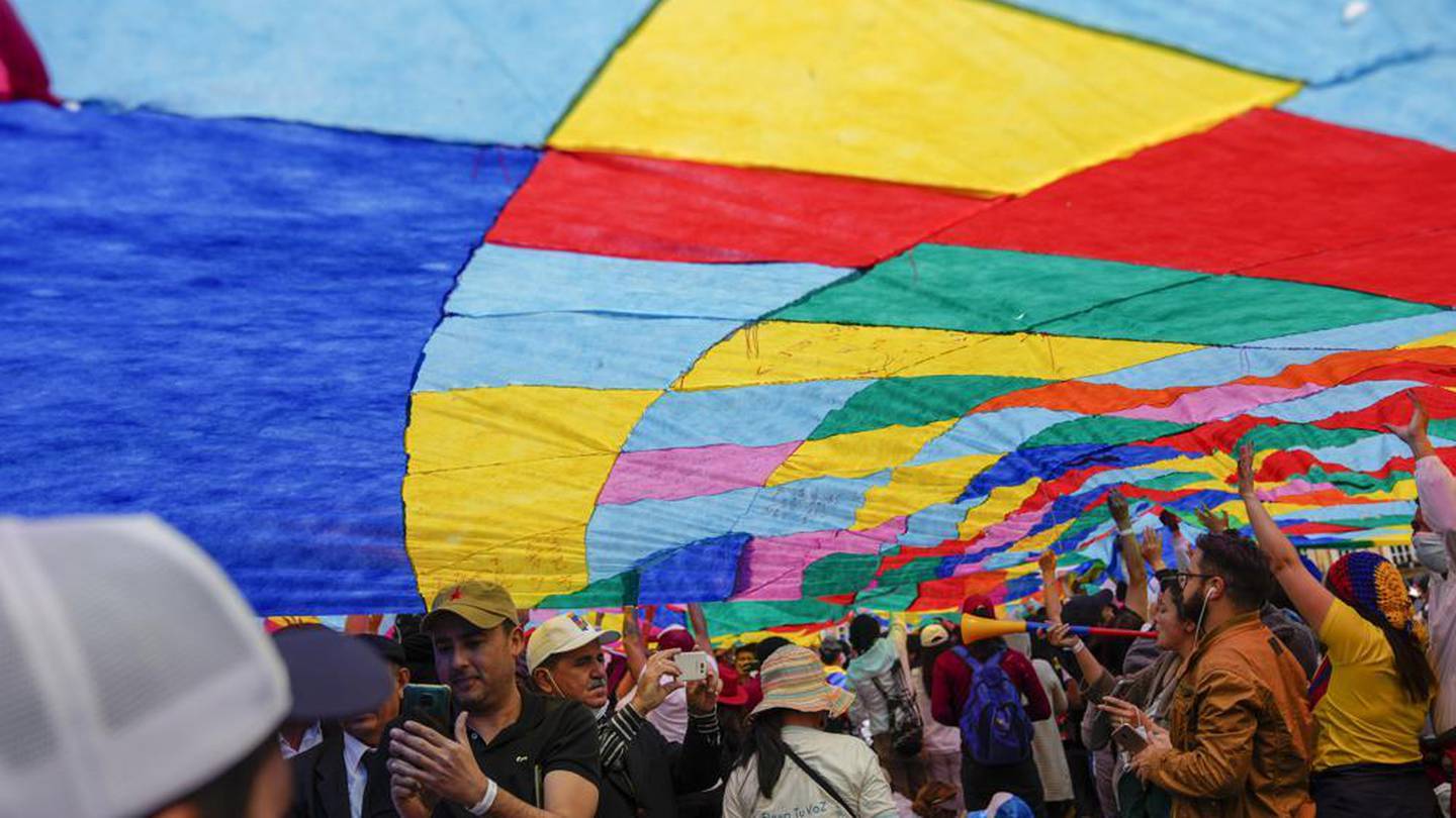 Supporters of new President Gustavo Petro display a flag as they wait for his swearing-in ceremony at the Bolivar square in Bogota, Colombia. Photo / AP