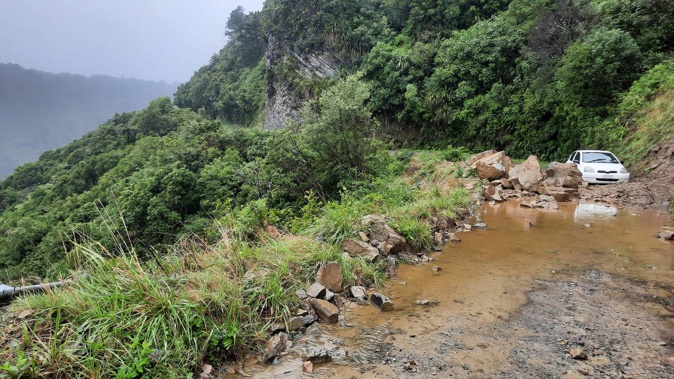 A large slip of rocks closed off one of the gravel sections of SH38 through Te Urewera after the heavy rains of the past few days. Photo / Neil Reid