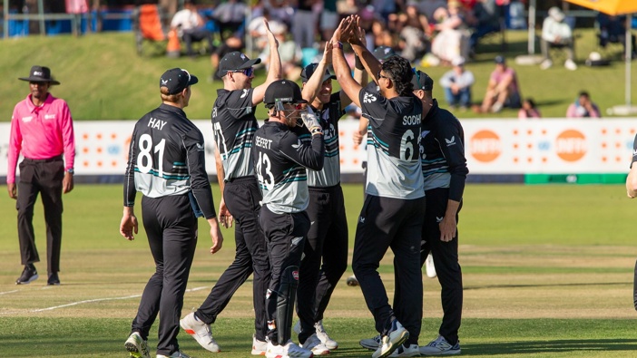 The Black Caps celebrate a wicket in their T20 Tri-series opening victory over South Africa. Photo / Zimbabwe Cricket