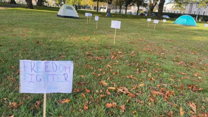A Freedom protest camp has sprung up in Christchurch's Latimer Square. (Photo / RNZ)