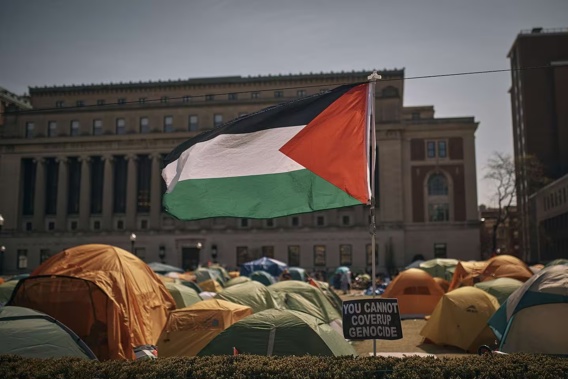 A Palestinian flag flutters in the wind during a pro-Palestinian encampment inside Columbia University campus on Sunday in New York. Photo / AP