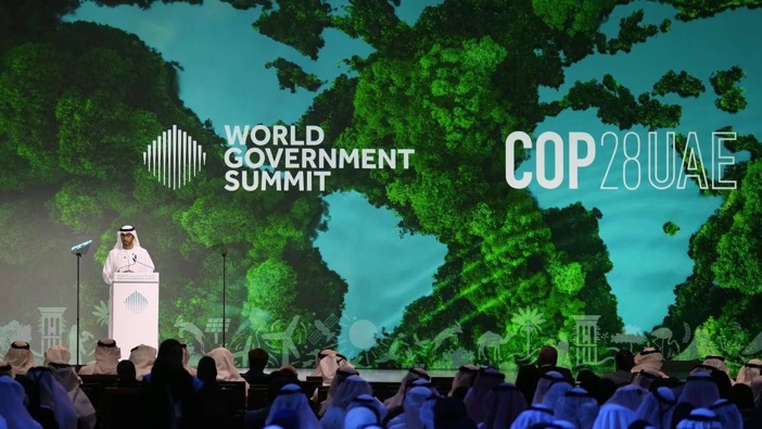 Abu Dhabi National Oil Company CEO Sultan al-Jaber speaks during the World Government Summit in Dubai, United Arab Emirates on February 14, 2023. Photo / AP