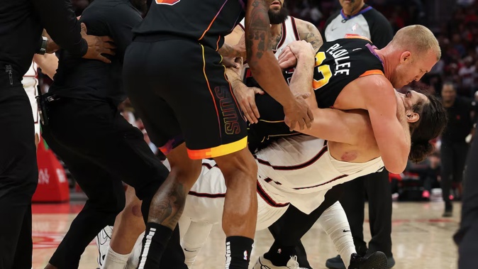 Mason Plumlee Phoenix Suns and Steven Adams the Houston Rockets are seen engaging in a scuffle. Photo / Getty Images