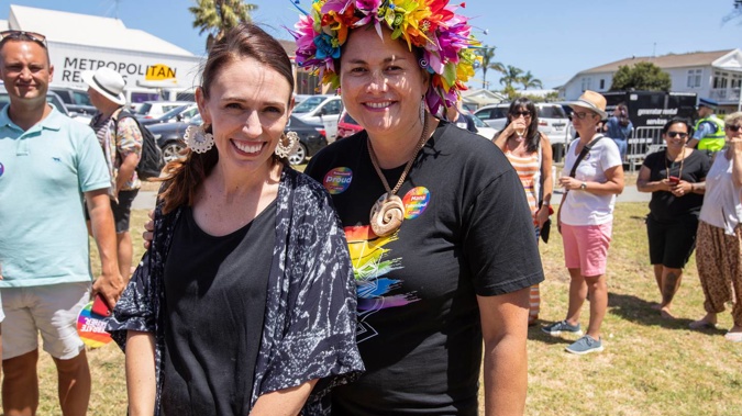 Jacinda Ardern and Louisa Wall pictured together at the Big Gay Out held in Coyle Park, Point Chevalier in Auckland on 9th February 2020. (Photo / Peter Meecham)