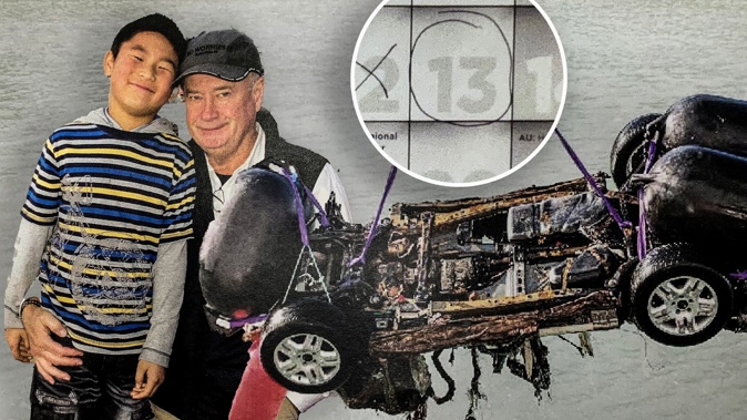 A photograph submitted during the coroner's hearing in the Christchurch District Court on May 23, 2023 into the disappearance of John Beckenridge and his son Mike Zhao-Beckenridge (inset left) on March 13, 2015; John Beckenridge's car is hoisted from the water at Curio Bay (inset right). Photos / Supplied