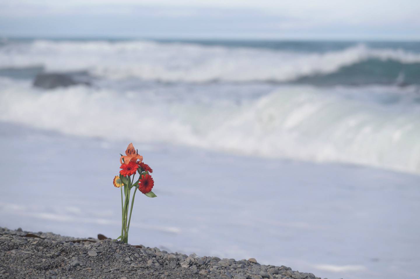 A bouquet of flowers placed in the beach at Goose Bay, the day after the tragic accident that claimed the lives of five passengers on a charter boat. Photo / Tim Cuff