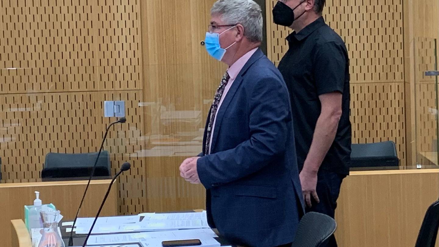 Michael Glaser (right), with his lawyer Allister Davis at Christchurch District Court today. (Photo / Kurt Bayer)