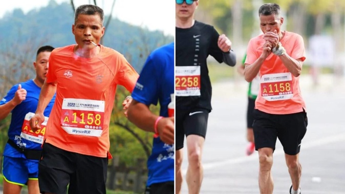 Uncle Chen smokes during a race. Photos / @CanadianRunning, Twitter