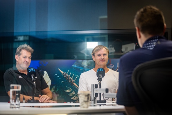 NZR CEO Mark Robinson and All Blacks Coach Scott Robertson in Newstalk ZB studio with Elliott Smith and Liam Napier