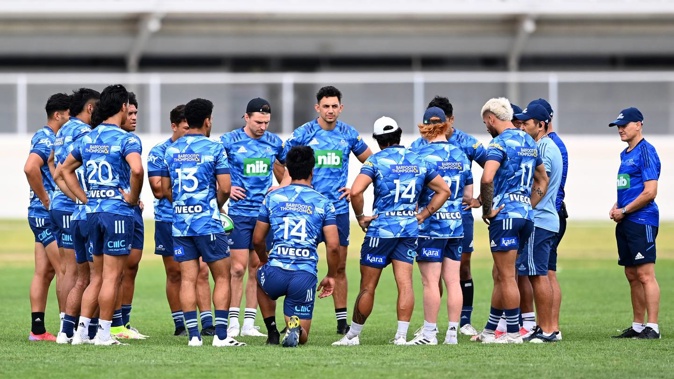 The Blues huddle during a training session. (Photo / Getty)