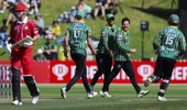 Angus Schaw of the Stags celebrates after taking the wicket of Matt Boyle of the Kings during the Super Smash Men's Final match between Central Stags and Canterbury Kings at Basin Reserve on February 02, 2025 in Wellington, New Zealand. (Photo by Hagen Hopkins/Getty Images)