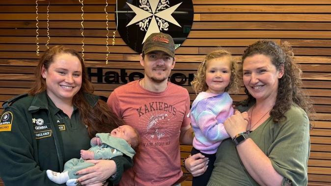 Hato Hone St John’s Gemma Cale with baby Leonard, John, Stella and Corné Fox. Photo / Supplied