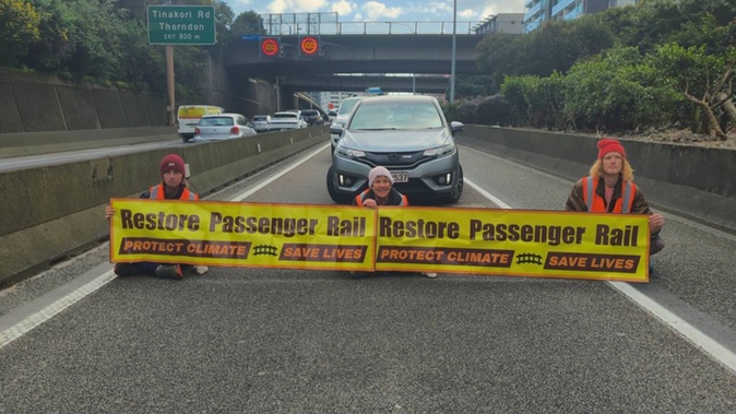Restore Passenger Rail protesters on the road in Wellington last week. Photo / Restore Passenger Rail