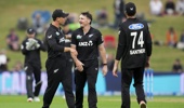 Nathan Smith (C) of New Zealand celebrates with Will Young after taking the wicket of Matthew Forde of the West Indies during the second One Day International match in the series between New Zealand and West Indies at McLean Park on November 19, 2025 in Napier, New Zealand. (Photo by Hagen Hopkins/Getty Images)