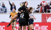 Katelyn Vahaakolo #95, Manaia Nuku #1 and Alena Saili #12 of New Zealand celebrate after defeating Australia in the gold medal match in the HSBC SVNS Series New York tournament at Sports Illustrated Stadium on March 15, 2026 in Harrison, New Jersey. (Photo by Caean Couto/Getty Images)