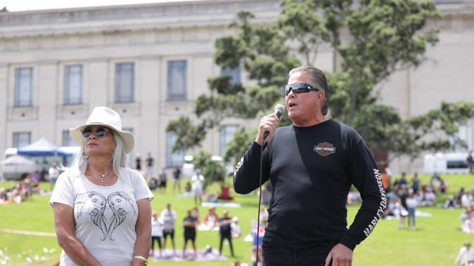 Destiny Church founder Brian Tamaki addresses the crowd at the anti-lockdown protest in Auckland's Domain today. (Photo / Brett Phibbs)