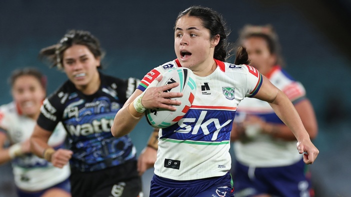 Kaiyah Atai of the Warriors makes a break during the round six NRLW match between Canterbury Bulldogs and New Zealand Warriors at Accor Stadium on August 09, 2025 in Sydney, Australia. (Photo by Cameron Spencer/Getty Images)