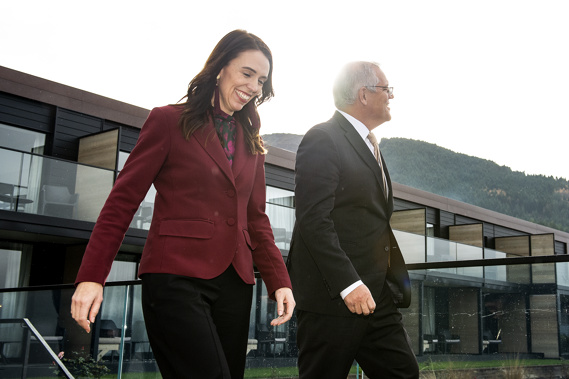 New Zealand Prime Minister Jacinda Ardern (left) walks alongside Australian Prime Minister Scott Morrison ahead of their annual talks. (Photo / Getty)