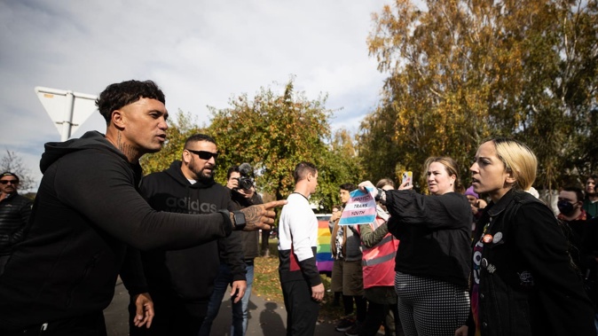 A counter protest met Destiny Church action outside a youth health service for transgender youth in Christchurch today. Photo / George Heard