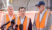 Prime Minister Christopher Luxon, Minister for Auckland Simeon Brown and Auckland City Mayor Wayne Brown at the announcement of Local Water Done Well in Auckland. Photo / Alex Burton