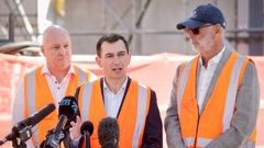 Prime Minister Christopher Luxon, Minister for Auckland Simeon Brown and Auckland City Mayor Wayne Brown at the announcement of Local Water Done Well in Auckland. Photo / Alex Burton