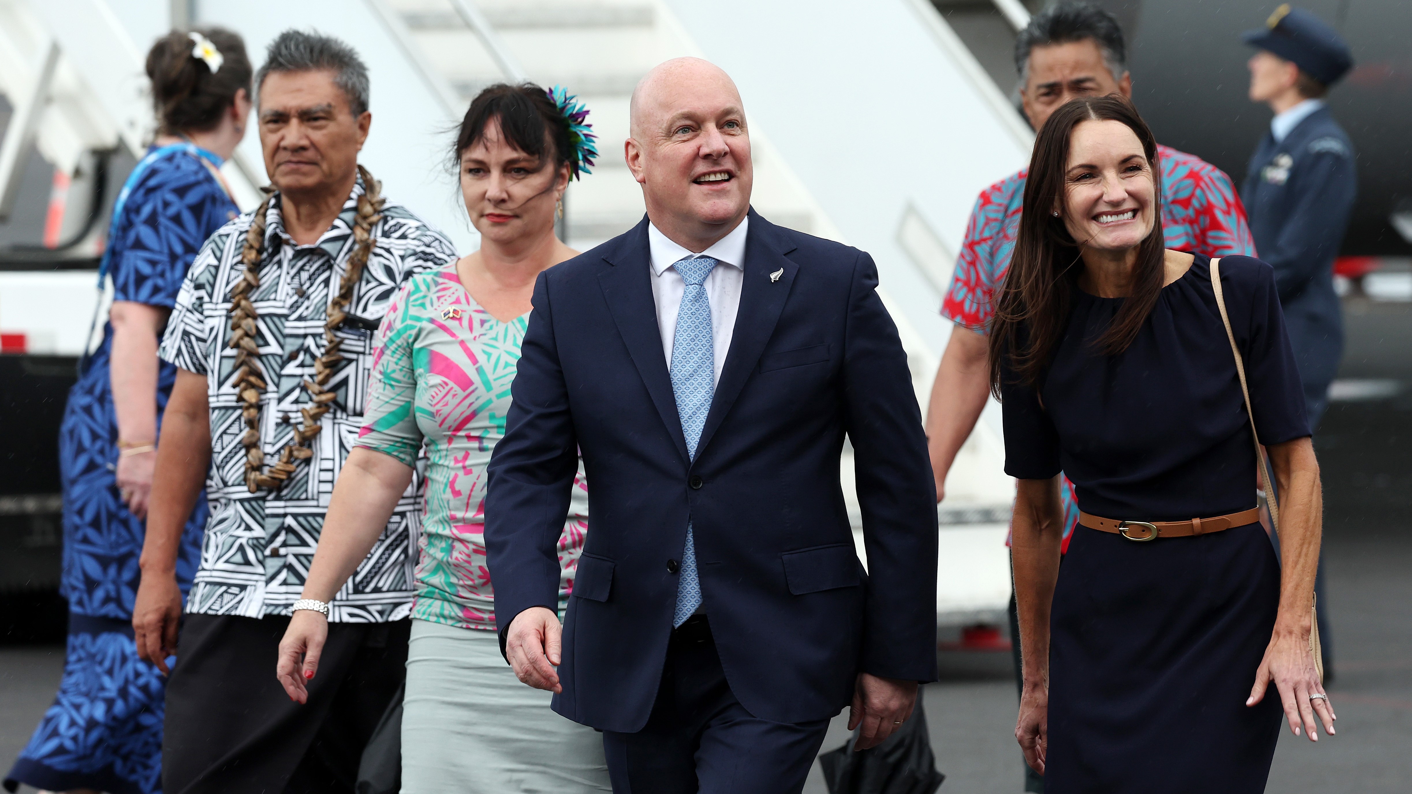 Prime Minister Christopher Luxon and his wife Amanda Luxonarrive at Faleolo International Airport for the Commonwealth Heads of Government Meeting in Samoa. Photo / Fiona Goodall/Getty Images